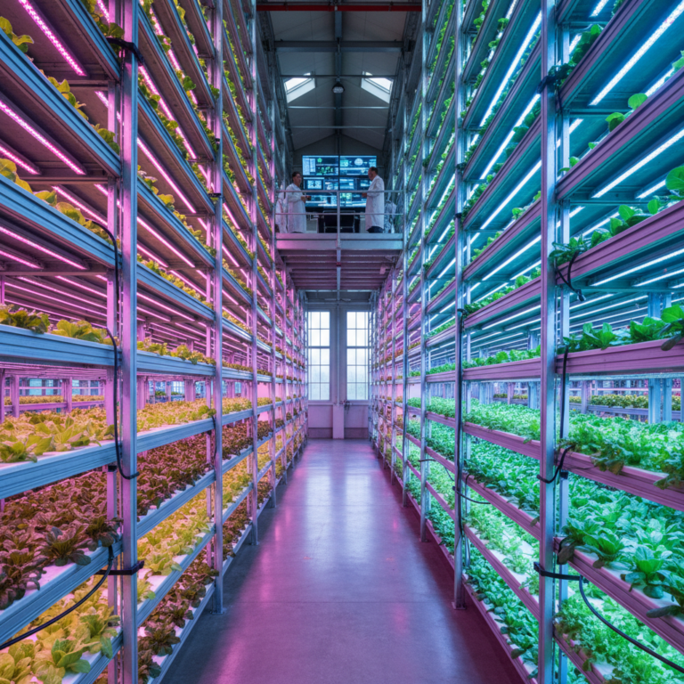 Wide view of a vertical farm with rows of plants and integrated indoor farming sensors under purple LED lighting.
