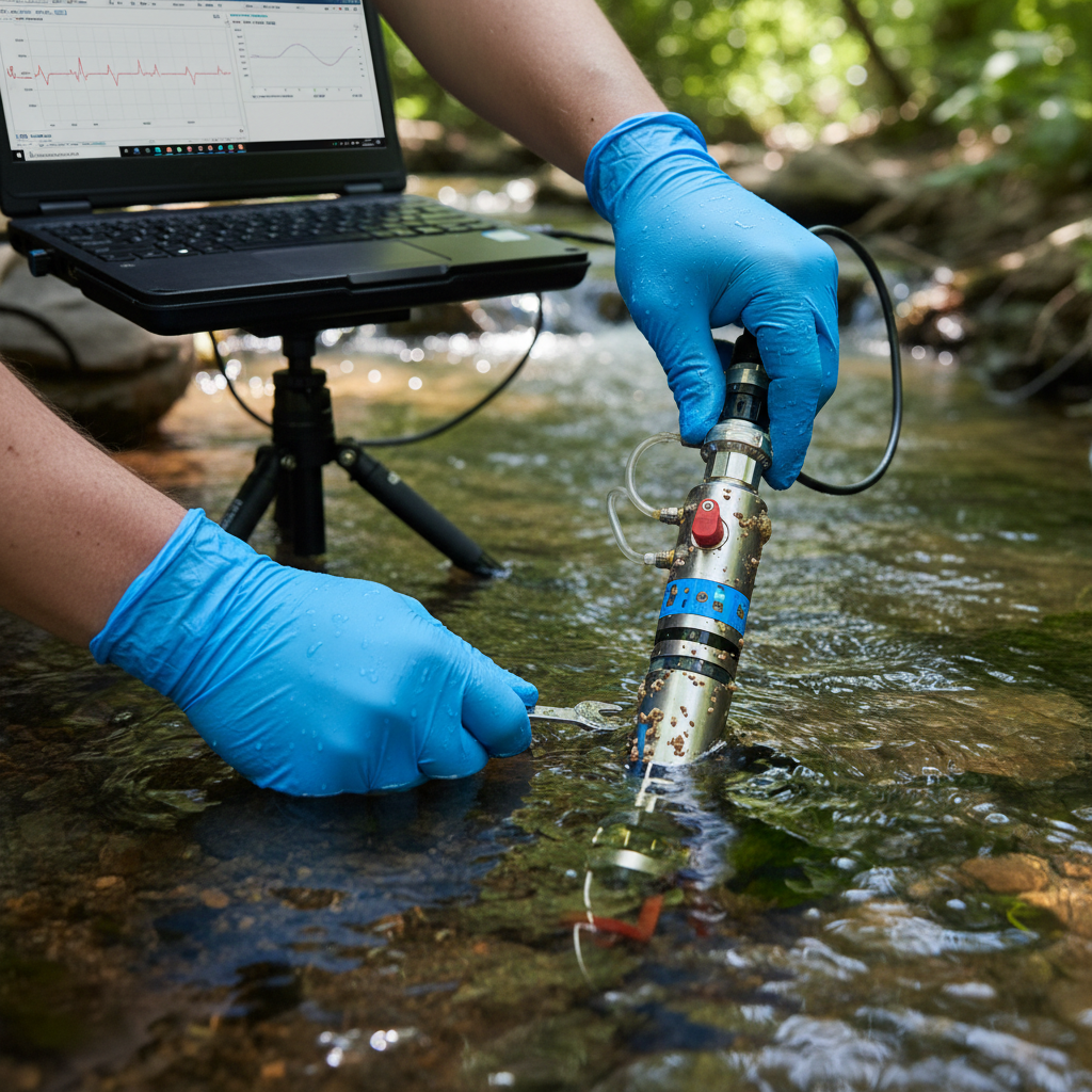 Close up of a technician calibrating a water sensor for precise industrial environmental monitoring on site.