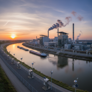 Wide shot of a factory with sensors along a river showing scale in industrial environmental monitoring practices.