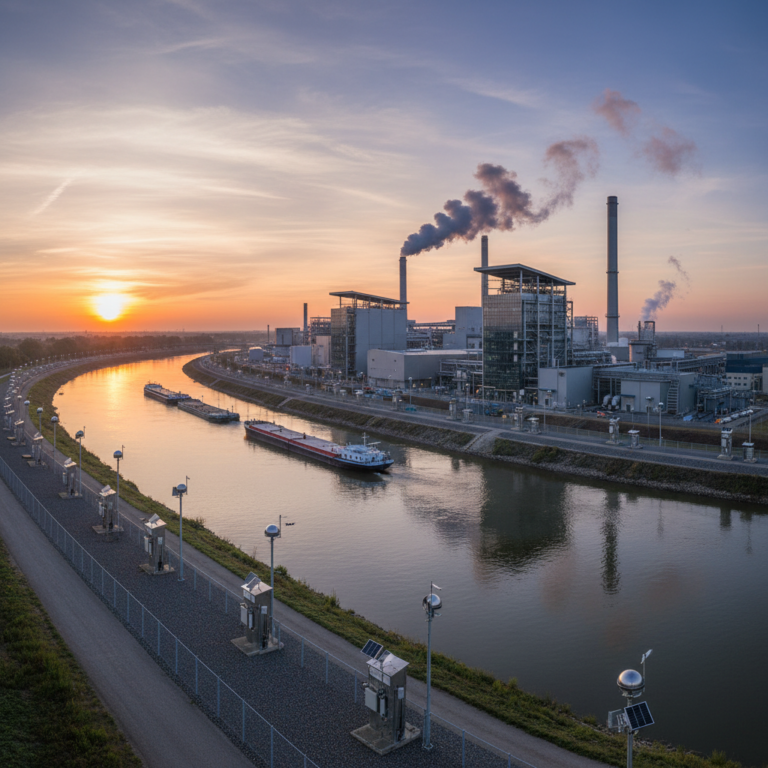 Wide shot of a factory with sensors along a river showing scale in industrial environmental monitoring practices.