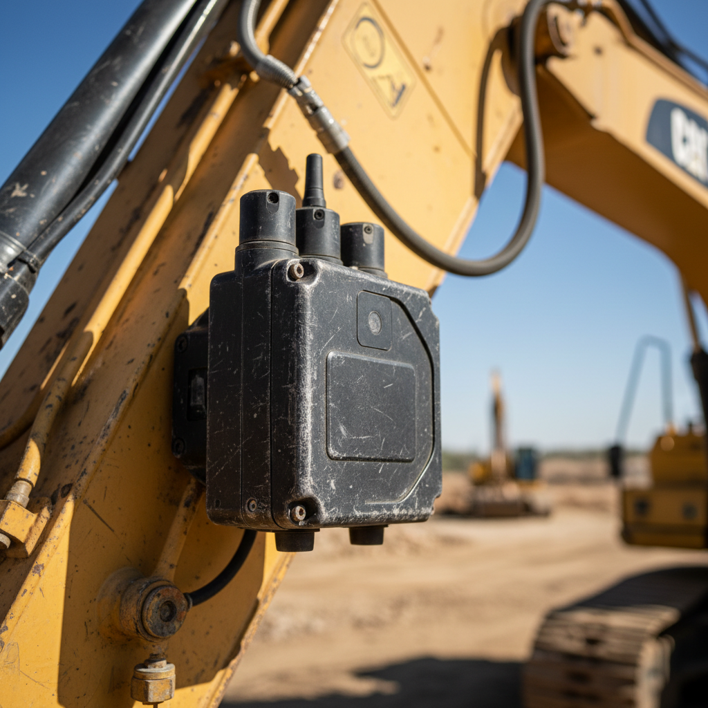 Close up of a rugged industrial gps tracking device mounted on heavy construction machinery in natural daylight.