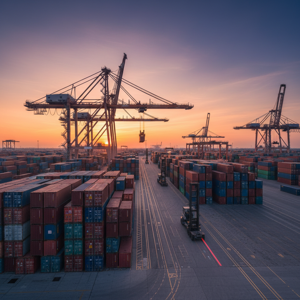 Wide view of a large cargo terminal at sunset featuring an industrial gps tracking device system for container logistics.