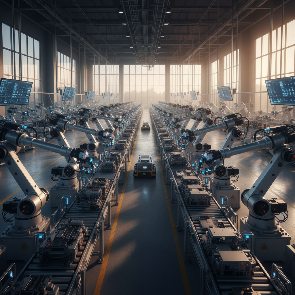 Wide view of a modern automated factory floor with robotic arms showcasing integrated industrial iot solutions at scale.