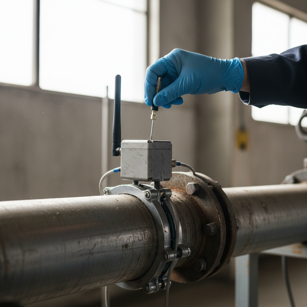 A technician inspects a hardware sensor used for industrial iot monitoring solutions on a metal pipe close up.
