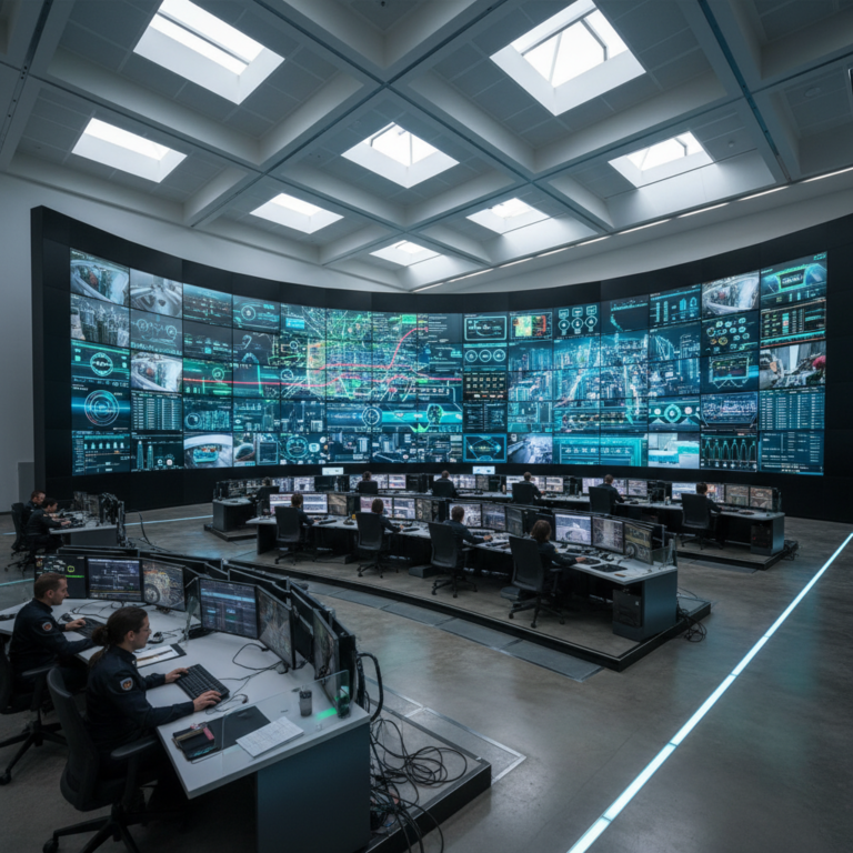 Operators in a modern control room manage urban data using advanced iot monitoring solutions on large digital screens.