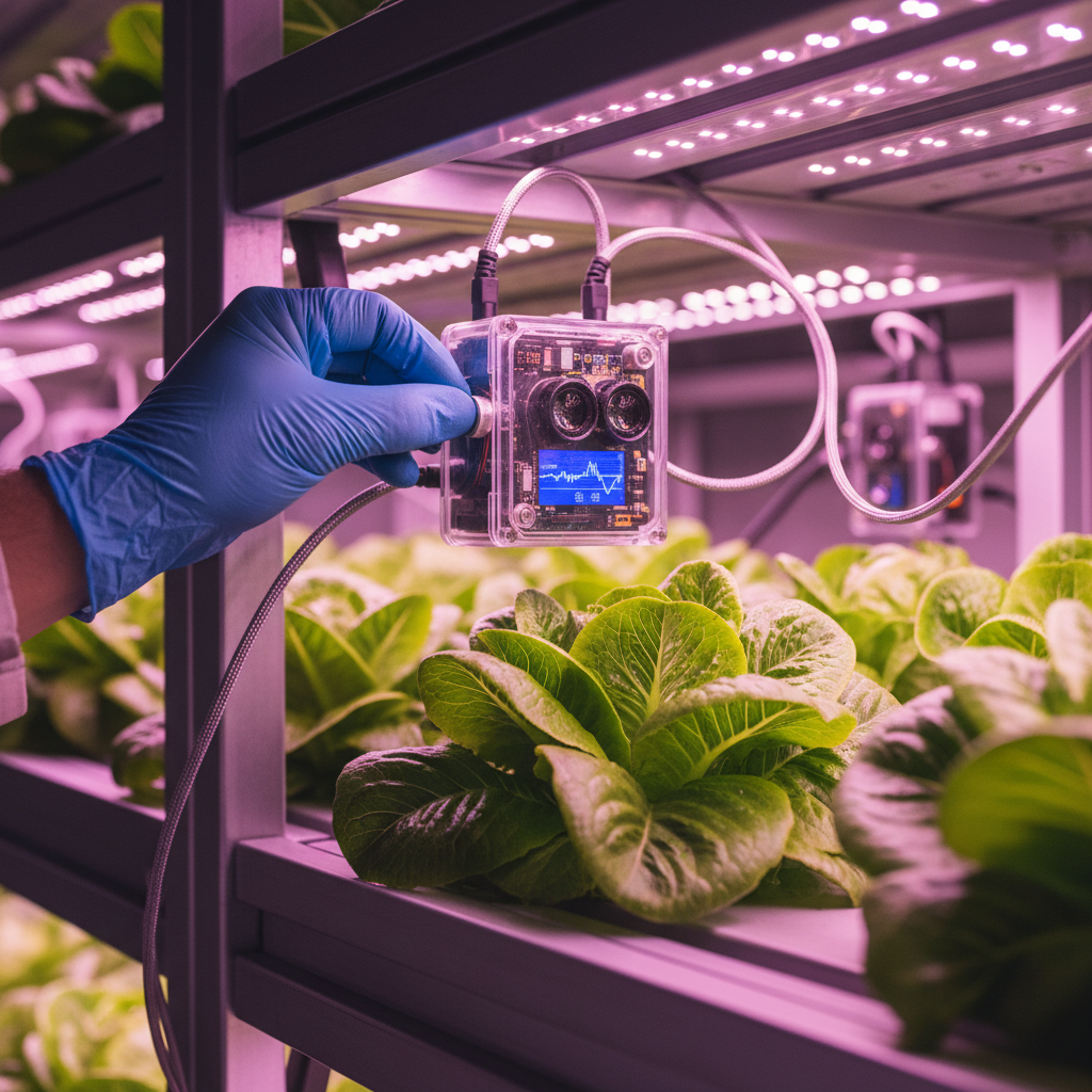 A close up of a sensor used for led lighting monitoring for vertical farms near vibrant green plant leaves.