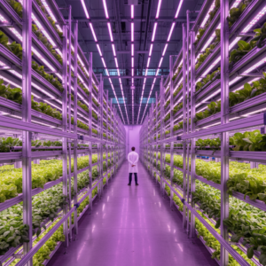 Wide view of an industrial facility using led lighting monitoring for vertical farms to grow rows of greens.