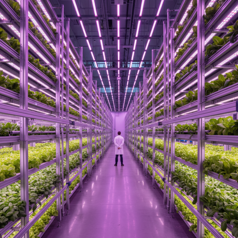 Wide view of an industrial facility using led lighting monitoring for vertical farms to grow rows of greens.