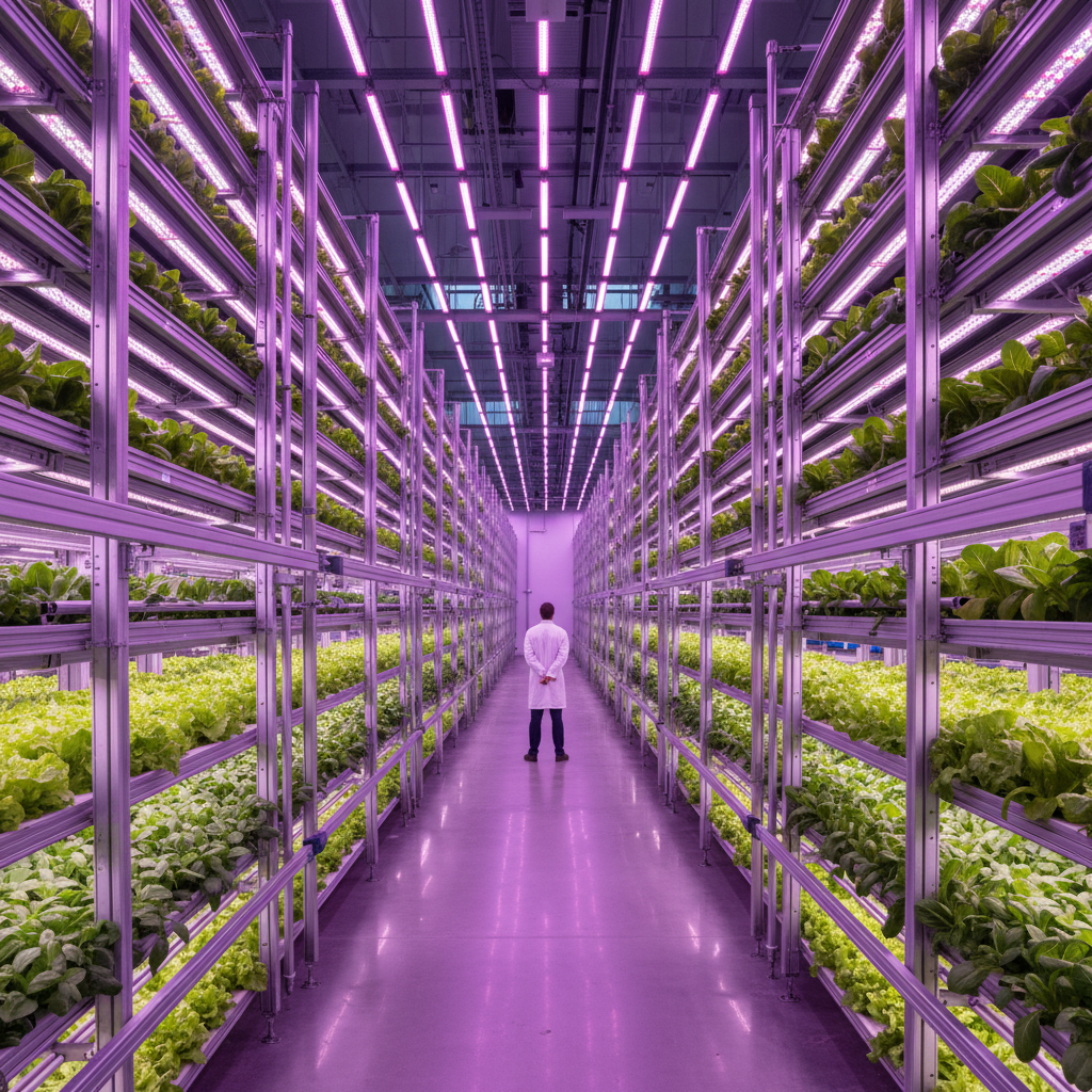 Wide view of an industrial facility using led lighting monitoring for vertical farms to grow rows of greens.