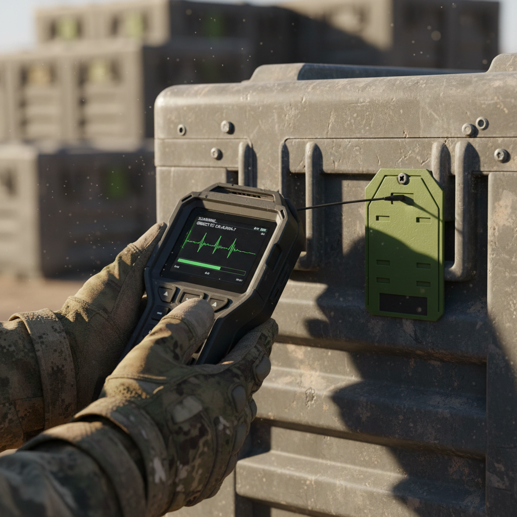 Close up of a hand scanning a digital tag on equipment for precise military asset tracking in the field.