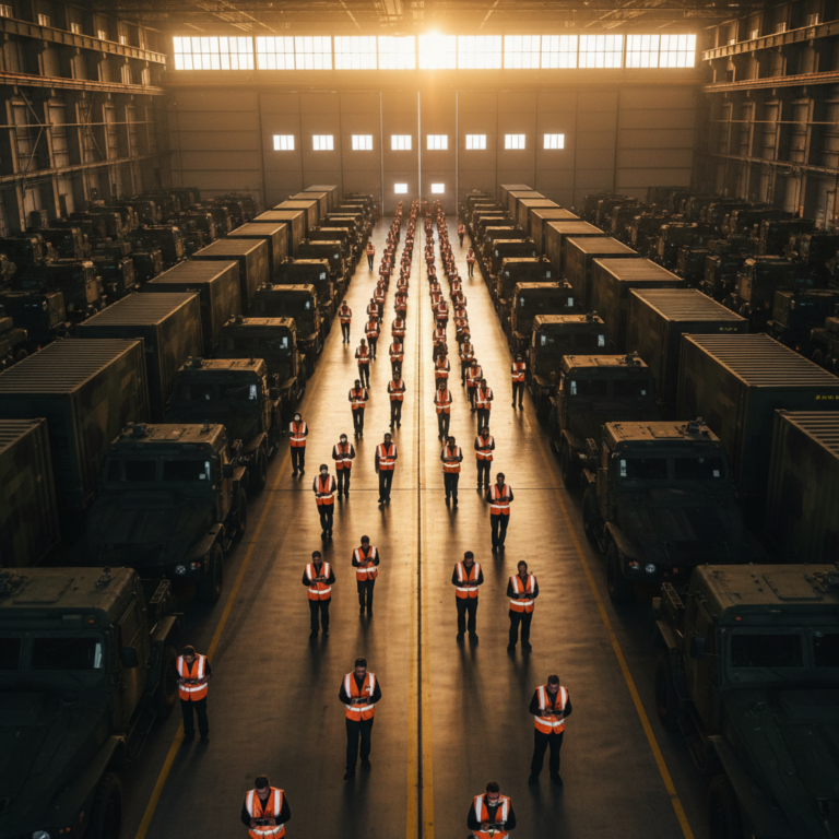 Wide view of a military hangar with vehicles and cargo highlighting large scale military asset tracking operations.