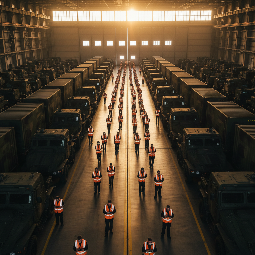 Wide view of a military hangar with vehicles and cargo highlighting large scale military asset tracking operations.