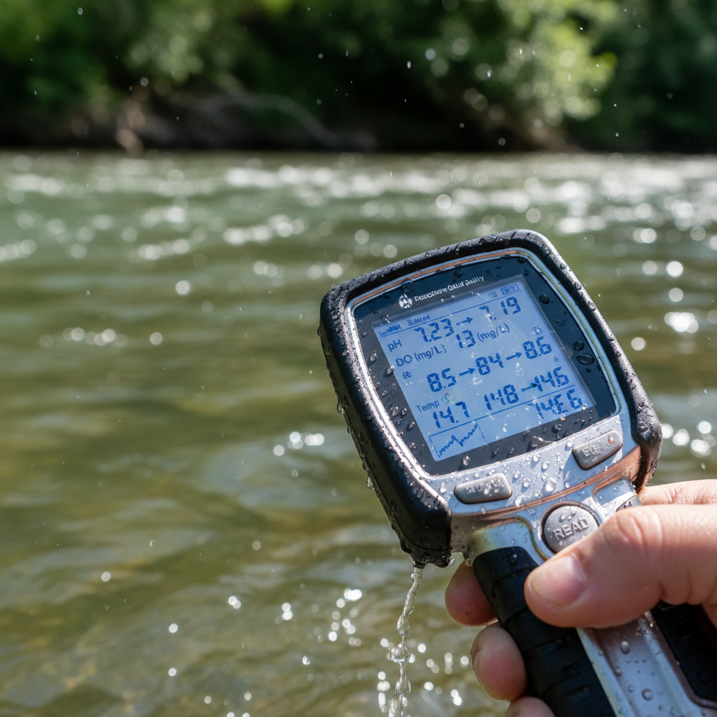 Close-up of a portable sensor device capturing real-time environmental data from river water in a natural outdoor setting.