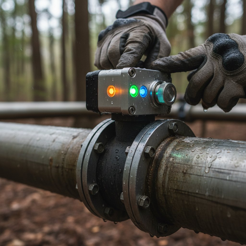 Close-up of a technician checking a smart industrial sensor for real-time monitoring of pipeline pressure and status.