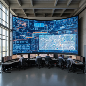 Operators in a large control room manage global logistics using real-time monitoring screens and data dashboards.