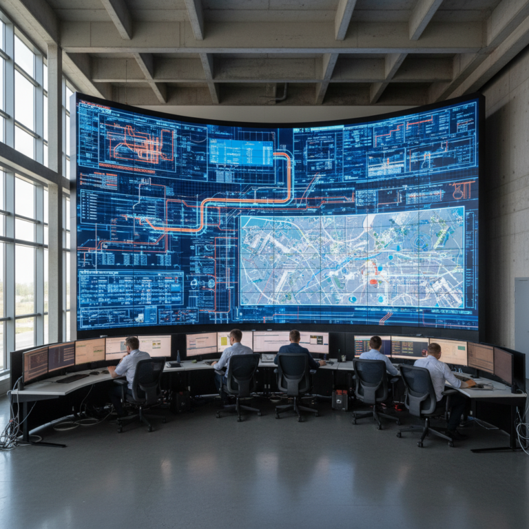 Operators in a large control room manage global logistics using real-time monitoring screens and data dashboards.