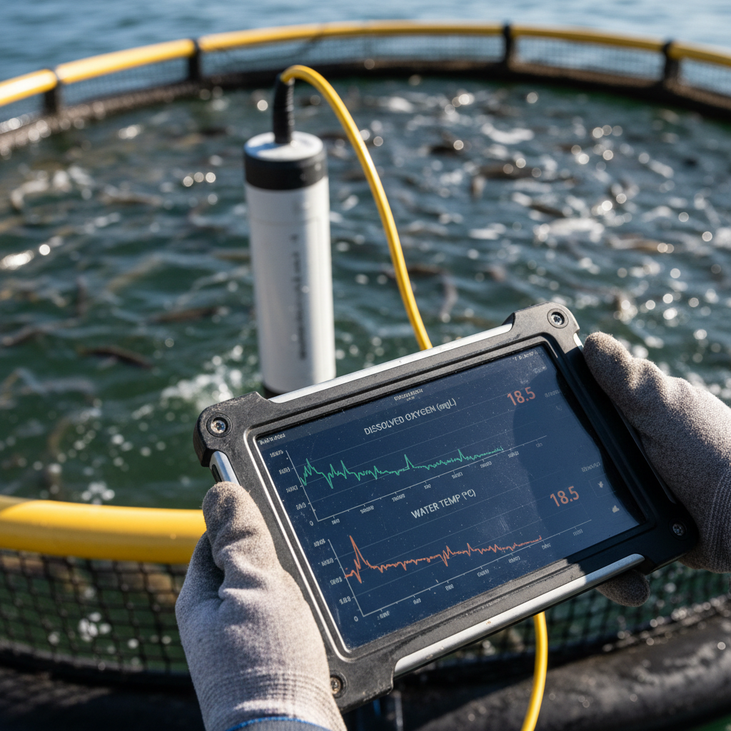 Close up of a digital tablet showing real time data analytics for remote aquaculture monitoring on a fish farm.