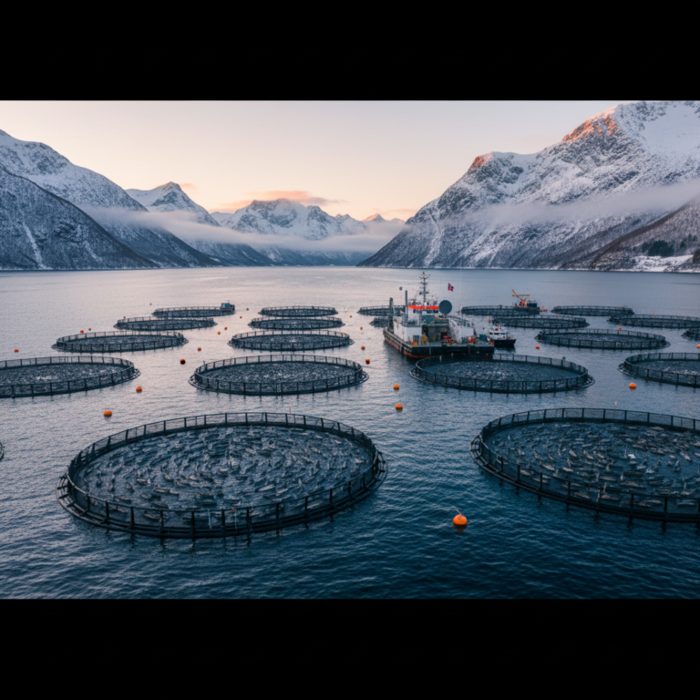 Wide aerial view of an offshore fish farm in a fjord showing cages used for remote aquaculture monitoring and management.