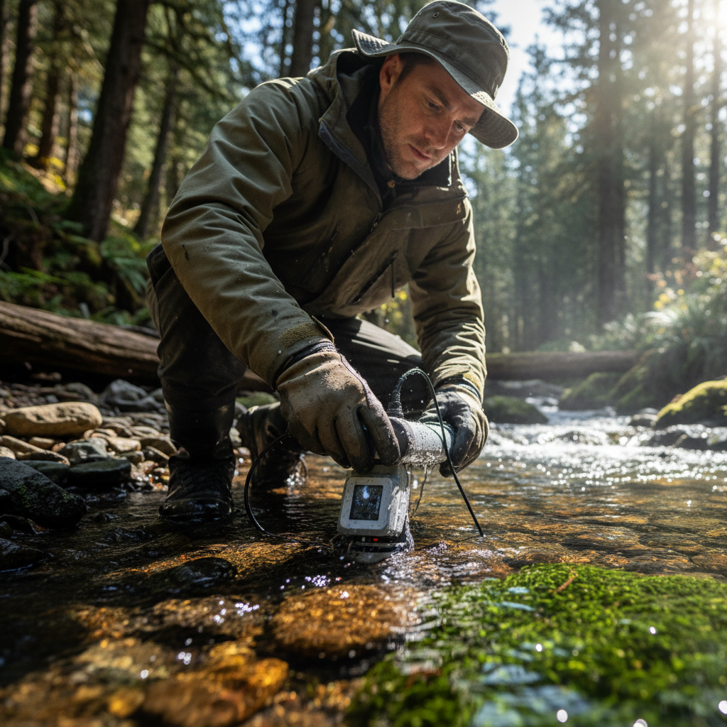 Close up of a technician adjusting a water sensor in a stream for remote environmental monitoring and data collection.