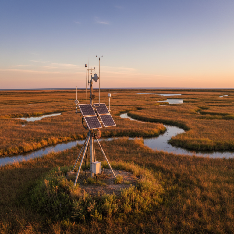 Solar powered station in a vast coastal marshland performing remote environmental monitoring during a clear sunset.