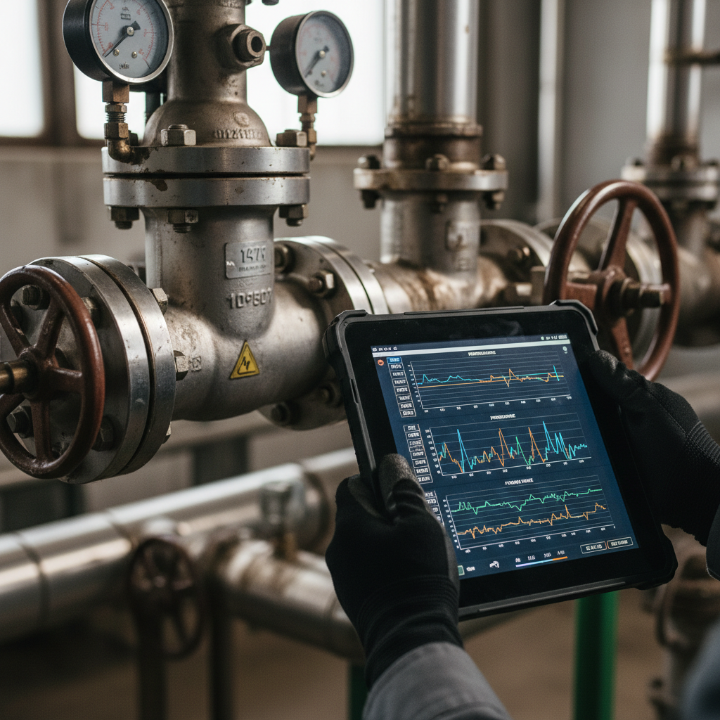 Close up of a tablet showing remote monitoring solutions data while held by a technician near industrial equipment.