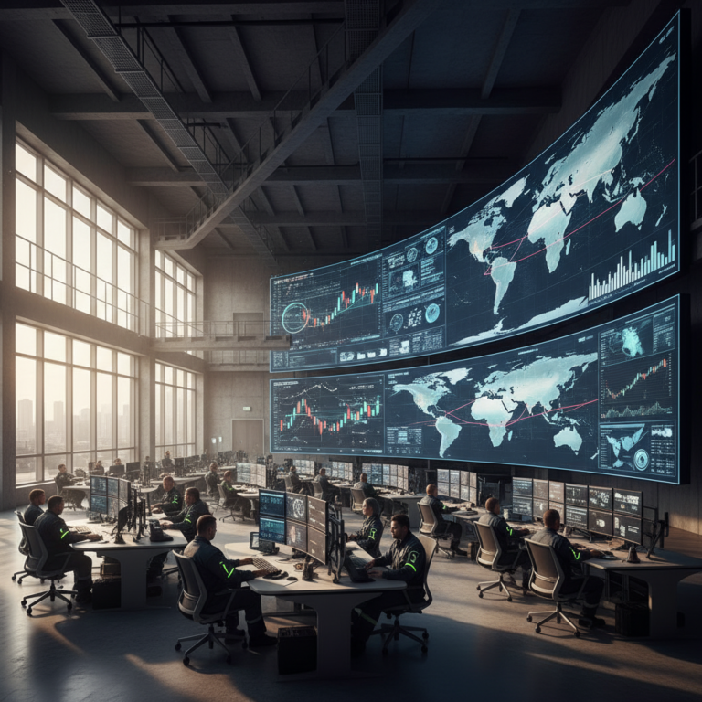 Wide view of a high-tech control center using remote monitoring solutions to track global industrial data in real time.