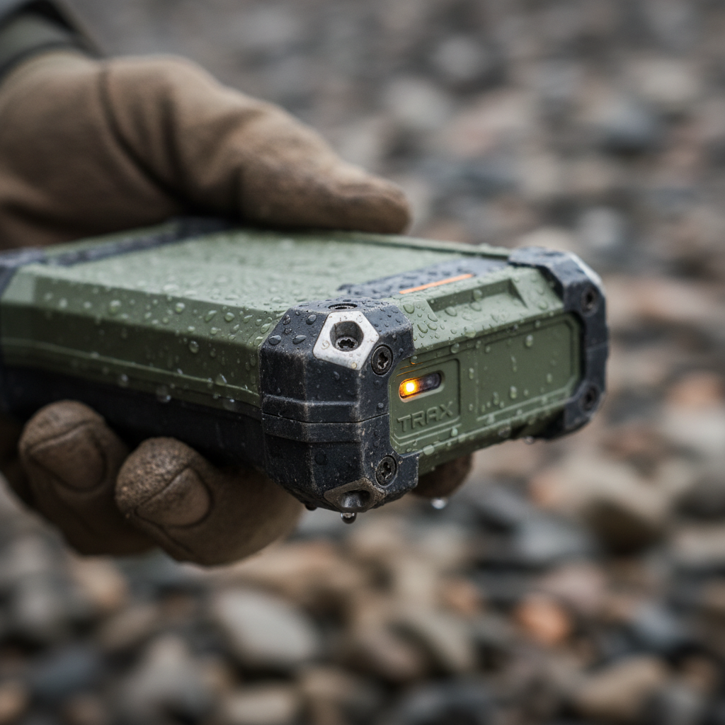 Close up of a gloved hand holding a durable rugged gps tracker with water droplets in a rocky outdoor setting.