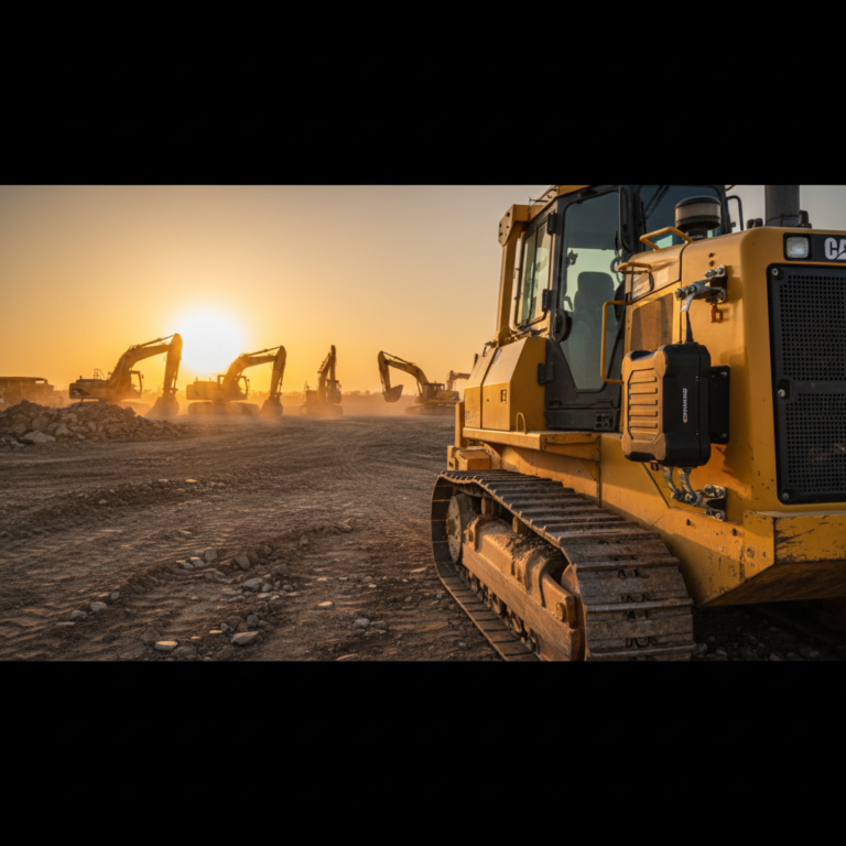 Wide view of a construction site with a rugged gps tracker mounted on a bulldozer under a sunset sky.