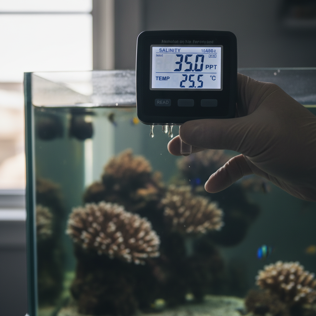Close up of a technician using a digital refractometer for salinity monitoring in aquaculture on site.