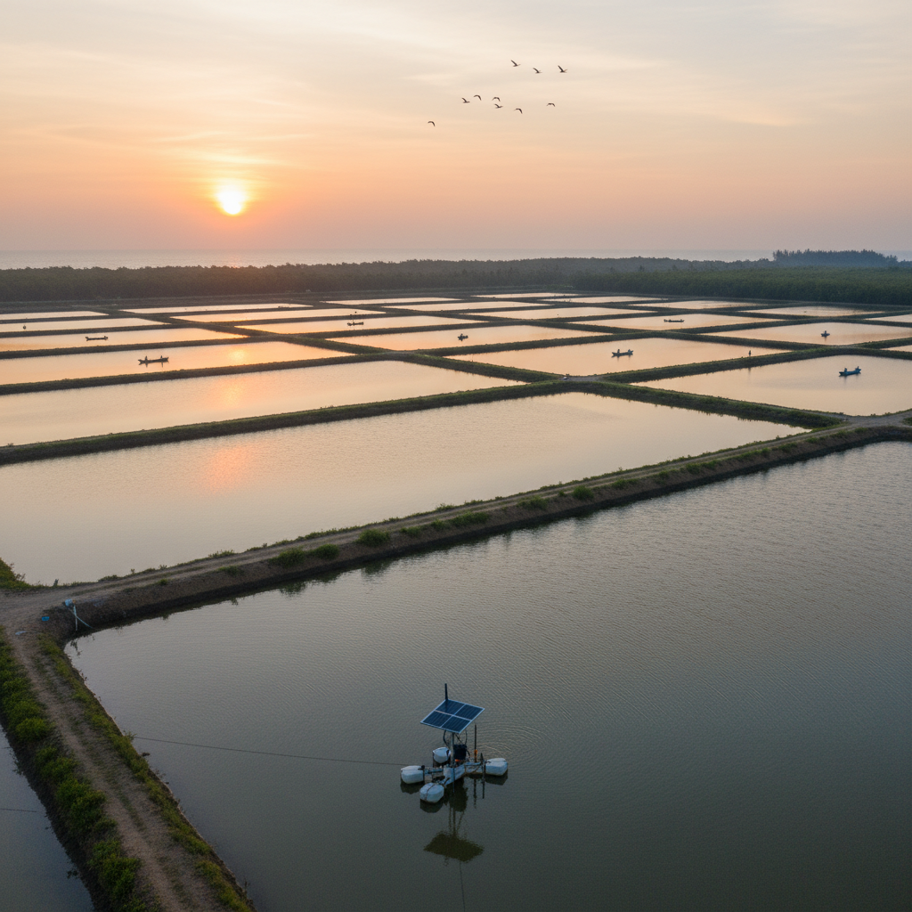 Wide view of coastal fish farm ponds at dawn showing equipment for salinity monitoring in aquaculture.