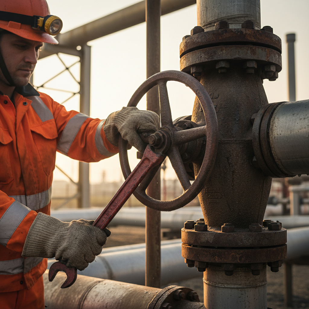 Close up of a technician adjusting a gas valve to control fuel combustion and monitor direct scope 1 emissions on site.