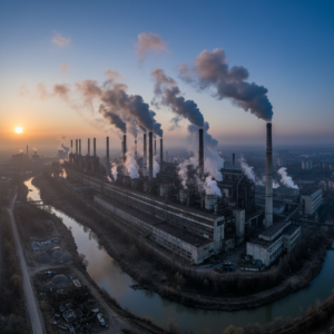 Wide panoramic view of industrial chimneys emitting vapor into the sky representing large scale scope 1 emissions sources.