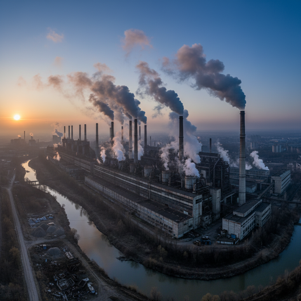 Wide panoramic view of industrial chimneys emitting vapor into the sky representing large scale scope 1 emissions sources.