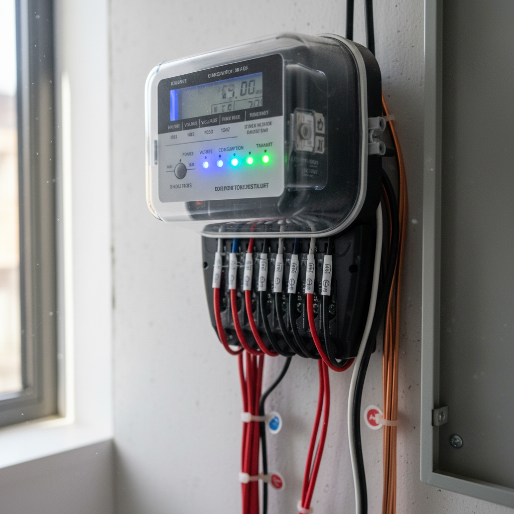 Close up of a digital electricity meter measuring building energy consumption to track scope 2 emissions accurately.