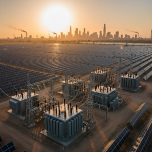 Wide panoramic view of a city power grid and solar array representing global scope 2 emissions and renewable energy use.