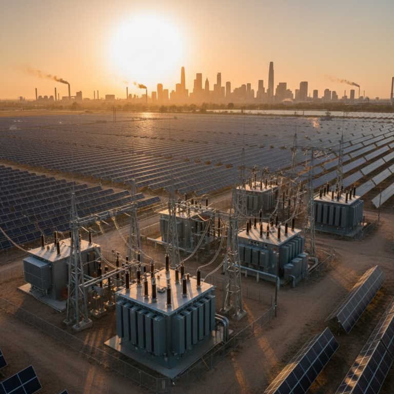 Wide panoramic view of a city power grid and solar array representing global scope 2 emissions and renewable energy use.