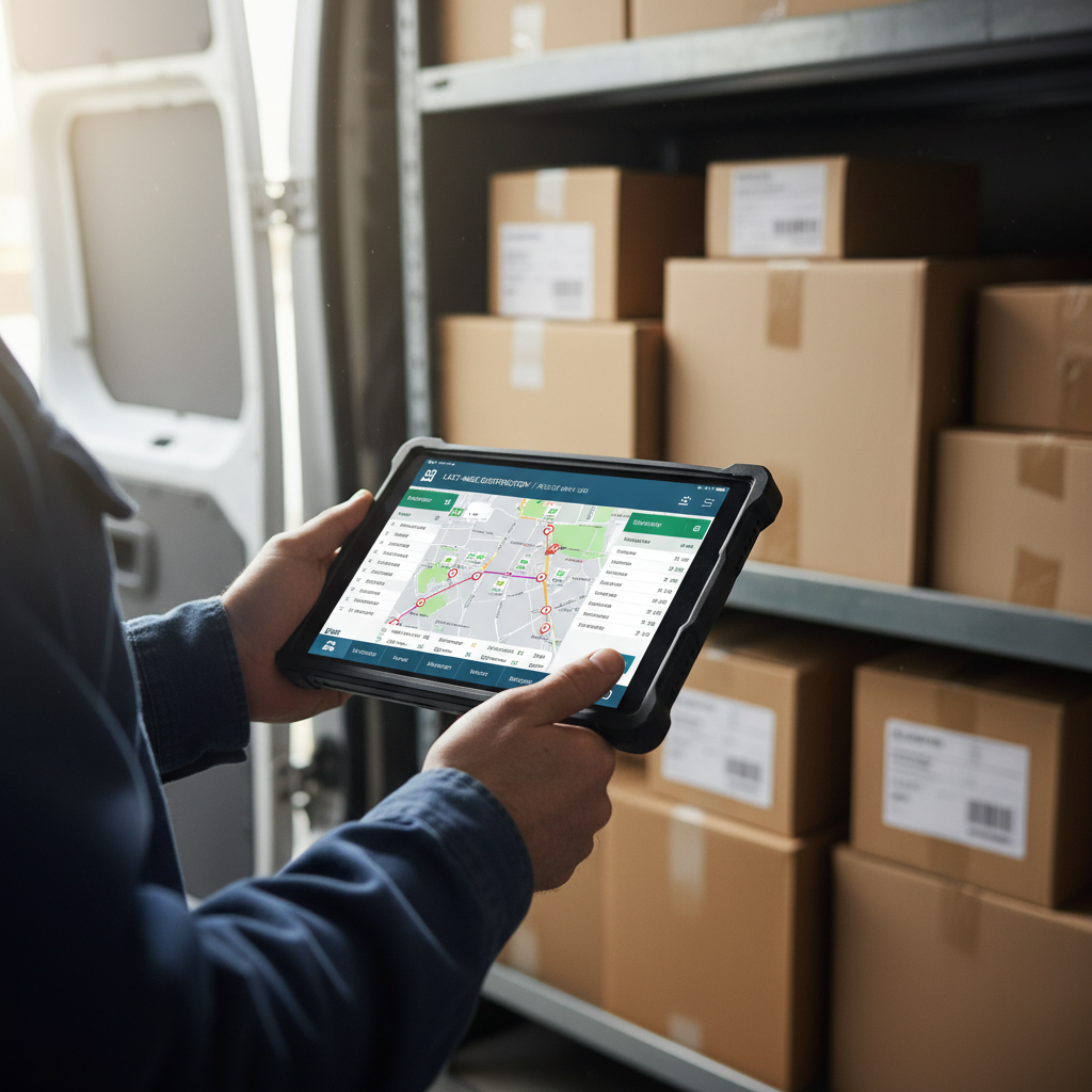 Close up of a logistics worker checking delivery data on a tablet to track indirect scope 3 emissions in transport.