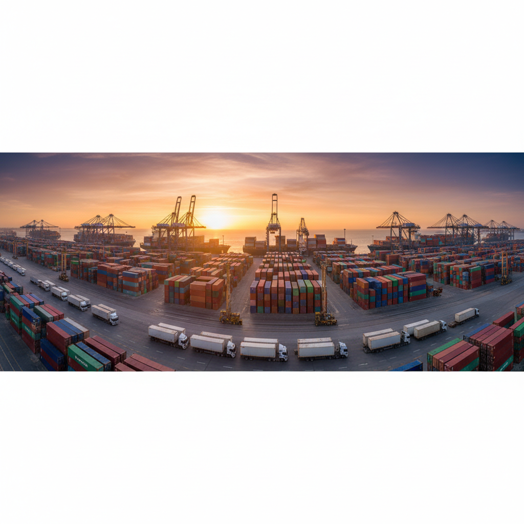 Aerial wide shot of a shipping port and trucks representing the broad reach of scope 3 emissions in supply chains.