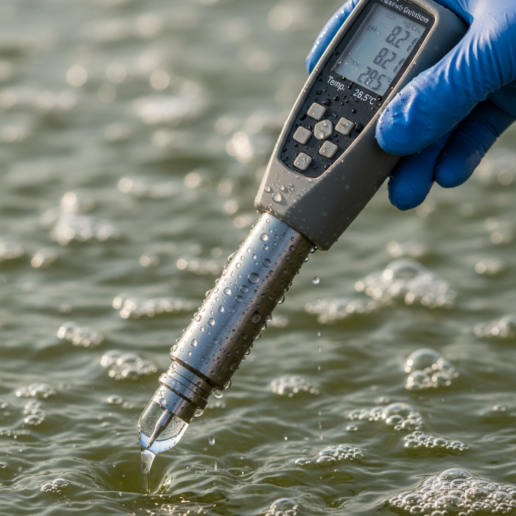 Close up of a technical water quality probe held by a technician during routine shrimp farm monitoring tasks.