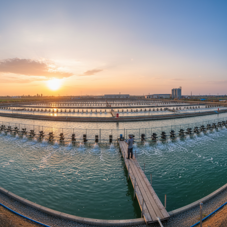 Wide panoramic view of outdoor ponds and aerators used for professional shrimp farm monitoring at a large facility.