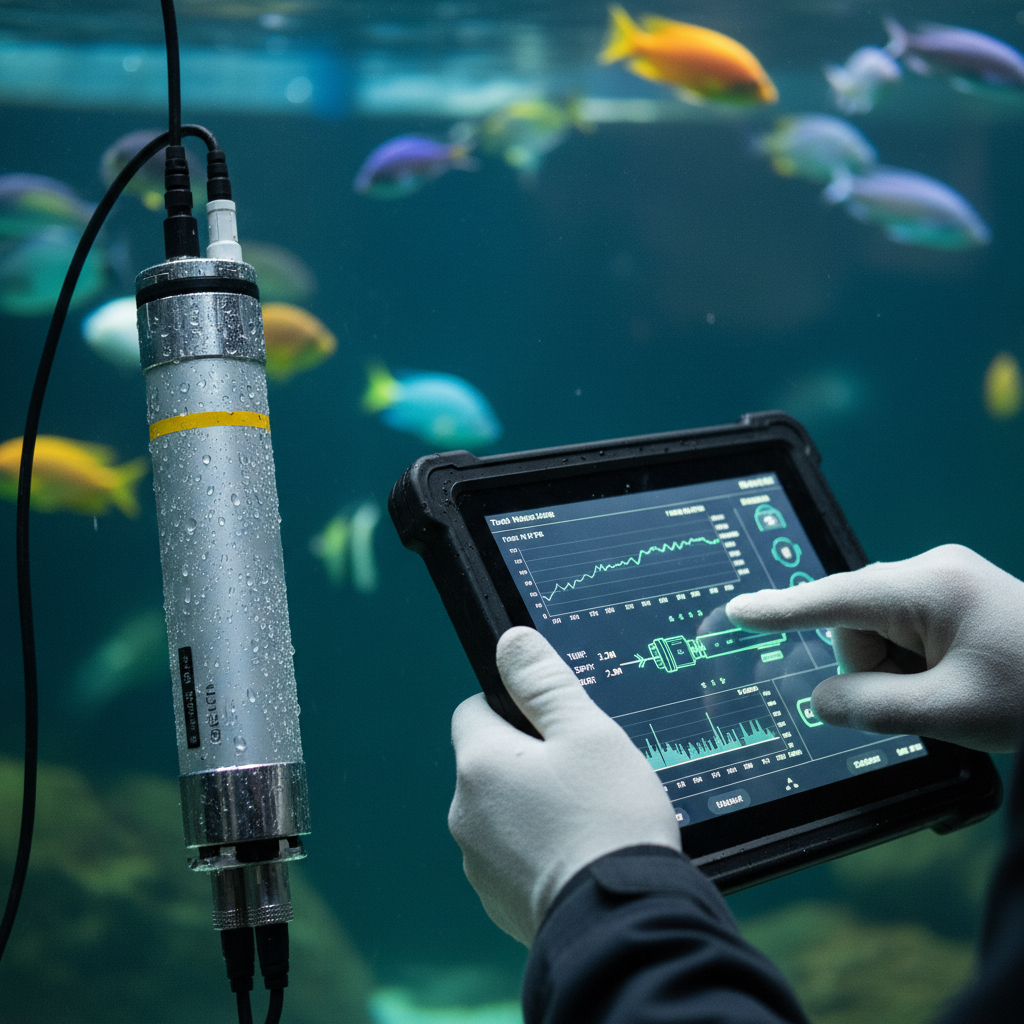 Close up of a technician using a digital tablet to monitor water sensors in a smart aquaculture facility.