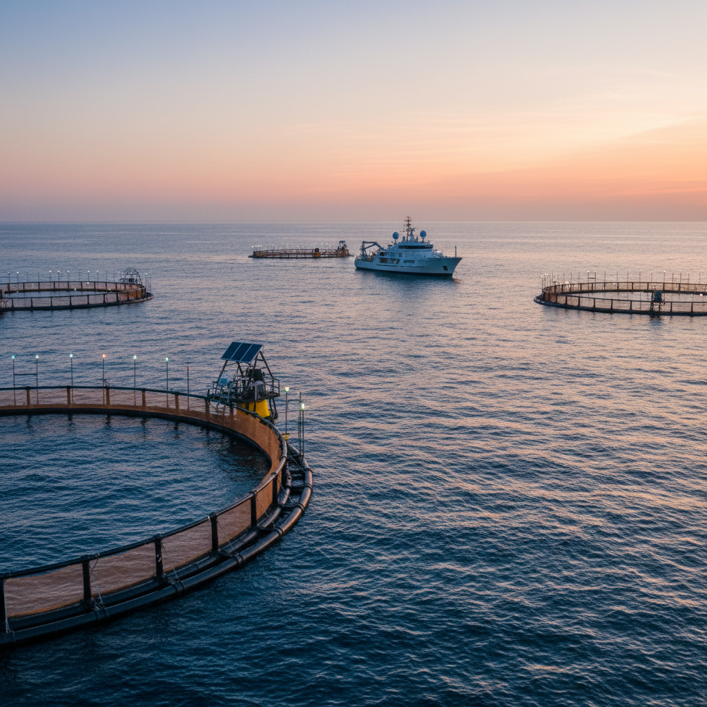 Panoramic view of offshore fish pens and automated buoys demonstrating large scale smart aquaculture systems at sea.