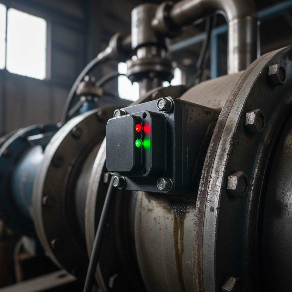 Close up of an industrial sensor mounted on steel machinery used for precision smart asset monitoring and data collection.