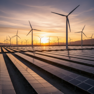 Wide view of a solar farm and wind turbines at sunset illustrating large scale smart asset monitoring in renewable energy.