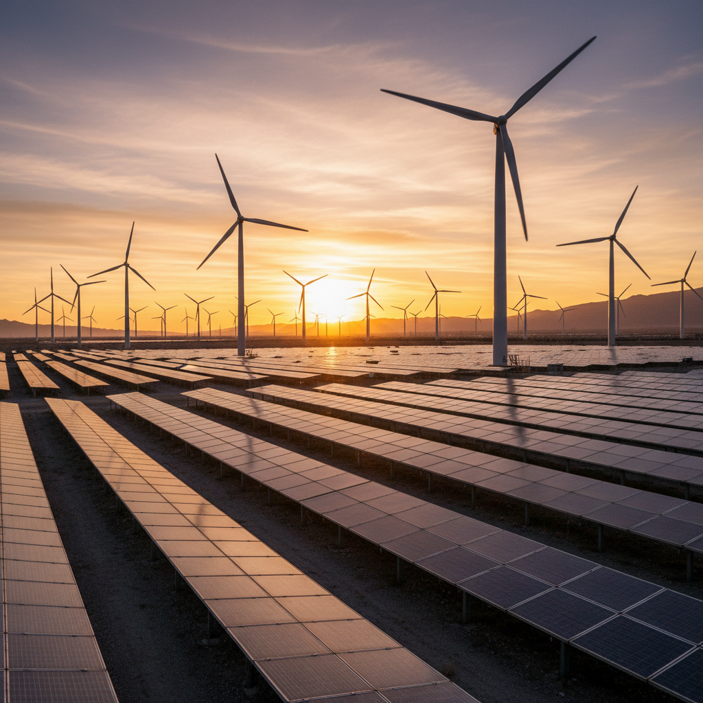 Wide view of a solar farm and wind turbines at sunset illustrating large scale smart asset monitoring in renewable energy.