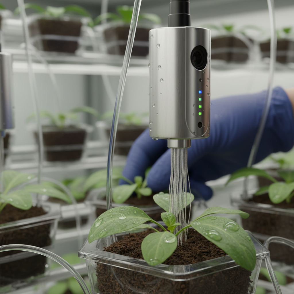 Close up of a technical sensor monitoring a green seedling inside a modern smart vertical farming laboratory.