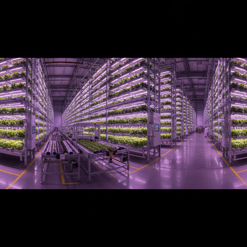Wide view of a smart vertical farming facility with tall LED lit plant racks and automated warehouse systems.