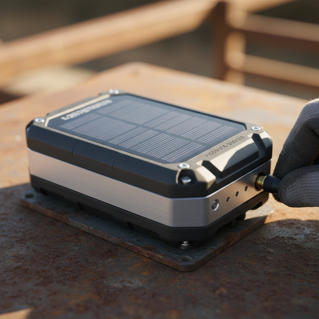 Close up of a technician installing a rugged solar powered asset tracker with a built in solar panel on equipment.