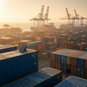 Wide shot of a busy shipping port terminal showing a solar powered asset tracker mounted on a large cargo container.