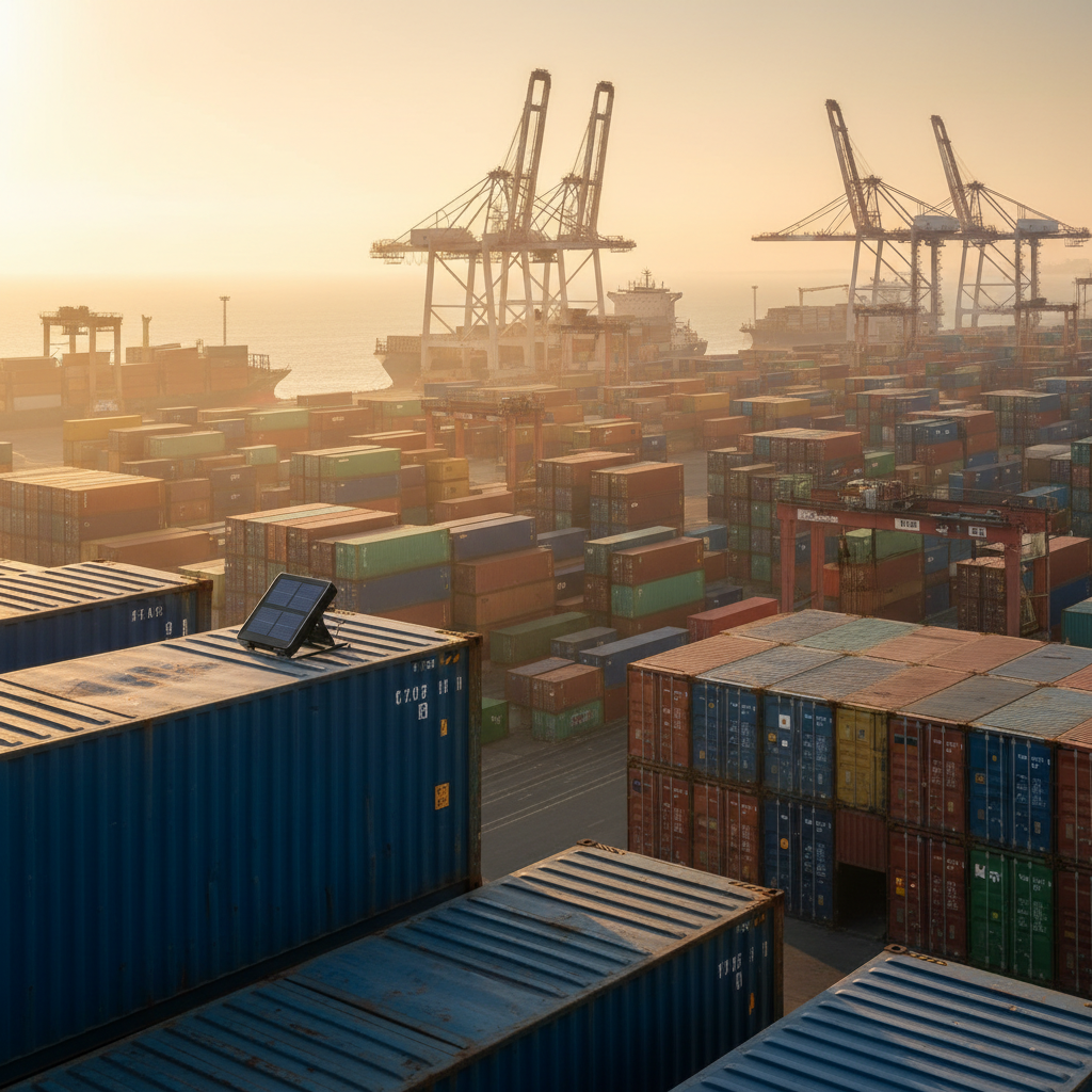 Wide shot of a busy shipping port terminal showing a solar powered asset tracker mounted on a large cargo container.